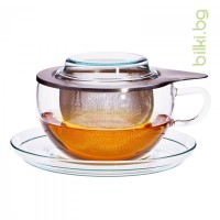 Стъклена Чаша за чай Tea Time S, стъклена чинийка, капаче и метален филтър, Trendglass Jena, 300 мл 