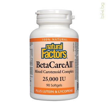 betacareall, natural factors, 25000 IU, бета каротин, каротеноиди, ликопен, лутеин, витамин а за очи, зрение, антиоксидант бета каротин, витамин а капсули, бета каротин капсули