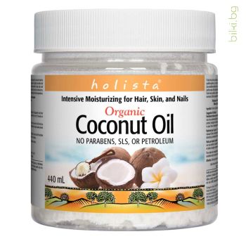 кокосово масло, органик, holista, koksovo maslo, coconut oil, cocos nucifera, нерафинирано, студено пресовано, кокосови орехи, за готвене, кокосово масло коса, хидратация